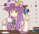  cup face gift hat holding holding_gift long_hair patchouli_knowledge purple_eyes purple_hair ribbon shimo_fuji teacup touhou violet_eyes 