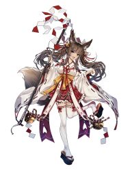  1girl :d animal_ear_bell animal_ear_fluff animal_ears artist_request bare_shoulders bell breasts brown_eyes brown_hair detached_sleeves floating_hair fox_ears fox_girl fox_shadow_puppet fox_tail game_asset highres holding holding_staff japanese_clothes jingle_bell kimono layered_sash leg_up long_hair long_sleeves official_art open_mouth red_ribbon red_sash red_skirt ribbon ribbon-trimmed_sleeves ribbon-trimmed_thighhighs ribbon_trim sandals sash simple_background skirt small_breasts smile solo staff standing standing_on_one_leg tail tate_no_yuusha_no_nariagari tate_no_yuusha_no_nariagari_rise thigh-highs transparent_background white_kimono white_sleeves white_thighhighs wide_sleeves yellow_sash yulina_(tate_no_yuusha_no_nariagari) zouri 