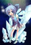  1girl arms_behind_back blue_eyes blue_hair bow child cirno dress hair_bow ice open_mouth pochi-t pochi_t ribbon shoes short_hair socks solo touhou wings 