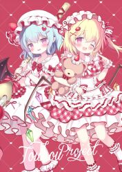  2girls :d ;d apron azumi_kazuki bat_wings blonde_hair blue_hair blush brown_wings center_frills collared_dress commentary_request copyright_name crystal dot_nose dress feet_out_of_frame flandre_scarlet fork frills hat heart holding holding_fork hugging_object long_hair mob_cap multiple_girls one_eye_closed one_side_up oversized_object plaid_clothes plaid_dress red_background red_shoes remilia_scarlet ribbon-trimmed_socks ribbon_trim shoes siblings sisters smile socks stuffed_animal stuffed_toy teddy_bear touhou violet_eyes white_apron white_dress white_hat white_socks wings 