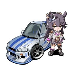  1girl 2_fast_2_furious absurdres animal_ears bandaid bandaid_on_face bandaid_on_nose black_hair blush breasts car chest_sarashi closed_mouth commentary english_commentary fast_&amp;_furious fur_choker hair_between_eyes highres holeecrab horse_ears horse_girl horse_tail jacket long_hair long_sleeves midriff motor_vehicle name_connection narita_brian_(maverick)_(umamusume) narita_brian_(umamusume) navel nissan nissan_skyline nissan_skyline_gt-r nissan_skyline_r34 ponytail rope sarashi shimenawa single_thighhigh skirt solo tail thigh-highs torn_clothes torn_coat umamusume yellow_eyes 