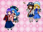 blonde_hair blue_eyes blue_hair blush braid brown_eyes brown_hair food frills fruit gap hair_ribbon hand_holding hat hat_ribbon hinanawi_tenshi holding_hands keystone long_hair long_skirt maribel_han maribel_hearn nagae_iku peach porkpie_hat purple_hair red_eyes ribbon rock satchel scarf shimenawa short_hair skirt takamura touhou usami_renko