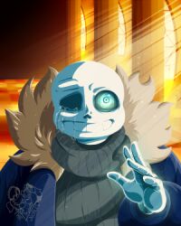 1boy 2018 2d aqua_eyes artist_logo blue_jacket brown_fur commentary crying crying_with_eyes_open digital_media drawstring english_commentary fur-trimmed_jacket fur_trim glowing glowing_eye grey_sweater hallway hand_up hollow_eyes humanoid in-universe_location jacket long_sleeves looking_at_viewer lowres male male_focus male_only monster monster_boy noblechinchi open_clothes open_jacket portrait sans_(undertale) signature skeleton solo straight-on sweater tears teeth undead undertale utdr_(toby_fox) 