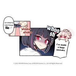  2girls ahoge animal_ears blue_archive chibi closed_mouth commentary dirty dirty_clothes donmin_h english_commentary english_text hair_bun hair_ornament hair_scrunchie halo jitome kazusa_(band)_(blue_archive) kazusa_(blue_archive) long_sleeves looking_at_viewer looking_back mask_pull medium_hair motion_lines multicolored_hair multiple_girls natsu_(blue_archive) no_mouth no_nose official_art pink_hair pink_halo pleated_skirt scrunchie shaded_face shirt single_hair_bun skirt sleeves_past_wrists slit_pupils speech_bubble thighs v-shaped_eyebrows white_shirt 