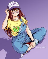  1girl baseball_cap blue_overalls breasts commentary donna_bright english_commentary full_body hat indian_style jose_salot logo looking_at_viewer medium_breasts orange_eyes original overalls overalls_rolled_up purple_background red_hair round_eyewear shirt single_strap sitting smile solo sunglasses t-shirt twitter_username unfinished watermark yellow_shirt 