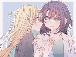  2girls absurdres ahoge arm_hug black_shirt blonde_hair blue_background border bracelet cho_kaguya-hime! closed_mouth colored_inner_hair commentary green_eyes green_hair grey_border highres jewelry kaguya_(cho_kaguya-hime!) kousaka_0v0 lab_coat long_hair looking_at_another mole mole_under_eye multicolored_hair multiple_girls outline purple_hair sakayori_iroha shirt simple_background sweatdrop white_outline yuri 