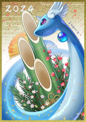  2024 absurdres bamboo blue_gem closed_mouth commentary_request dragon dragonair flower gem gold_border head_wings highres horns kagure_(karaguren) no_humans petals pokemon pokemon_(creature) pokemon_focus red_flower red_petals simple_background single_horn solo upper_body violet_eyes white_flower wings yellow_background 