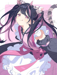  1boy animal_ear_fluff animal_ears black_hair cho_kaguya-hime! cowboy_shot crossdressing crossdressing_(mtf) detached_sleeves frilled_kimono frills gradient_horns highres horns japanese_clothes kimono kimono_dress komazawa_noi komazawa_noi_(tsukuyomi) long_hair looking_at_viewer male_focus multicolored_hair multicolored_horns pink_background pink_eyes pink_horns pink_kimono pink_streaks serizawa_serizane smile solo streaked_hair tail tiger_boy tiger_ears tiger_tail tongue tongue_out trap twintails 