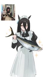  1girl animal animal_ears apron black_dress black_hair blunt_ends closed_mouth commentary dress ear_ornament ear_tag earrings english_commentary fish hair_between_eyes highres holding holding_animal holding_fish horse_ears horse_girl jewelry latteratar long_bangs long_hair long_hair_between_eyes long_sleeves maid_headdress manhattan_cafe_(umamusume) manhattan_cafe_holding_a_fish_(meme) meme photo-referenced puffy_sleeves single_earring smile solo tuna umamusume very_long_hair white_apron white_headdress yellow_eyes 