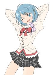 1girl absurdres arms_behind_head arms_up black_skirt blue_eyes blue_hair blush bow bowtie breasts commentary_request contrapposto cowboy_shot hair_ornament hairclip highres juliet_sleeves long_sleeves looking_at_viewer mahou_shoujo_madoka_magica mahou_shoujo_madoka_magica:_walpurgis_no_kaiten miki_sayaka minokichi_(arufooto25) mitakihara_school_uniform one_eye_closed open_mouth plaid_clothes plaid_skirt pleated_skirt puffy_sleeves red_bow red_bowtie school_uniform short_hair simple_background skirt smile solo white_background