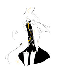  1girl absurdres ahoge animal_ears black_choker black_skirt black_vest blending blunt_ends choker closed_mouth coat floating_hair hair_over_one_eye hands_in_pockets hem_peeking_out highres horse_ears horse_girl long_bangs long_hair manhattan_cafe_(umamusume) necktie open_clothes open_coat ringring_(artist) shirt simple_background skirt smile solo umamusume vest white_background white_shirt yellow_necktie 