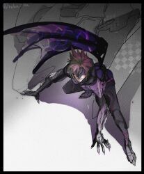  1boy all_fours armor blonde_hair bodysuit claws cloud_strife cloud_strife_(bahamut_garb) commentary_request dragon_wings facial_mark final_fantasy final_fantasy_vii final_fantasy_vii:_ever_crisis highres male_focus mask official_alternate_costume parted_lips ruka_ika short_hair shoulder_armor single_wing smile solo spiky_hair wings 