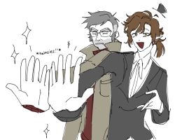  2boys alcor_the_dreambender alcorian-wizard brown_hair coat collared_shirt commentary constricted_pupils crossover english_commentary extra_digits floating_hat ford_pines glasses gravity_falls grey_hair hat jacket looking_at_another mini_hat mini_top_hat multiple_boys neck_ribbon outstretched_arm ponytail popped_collar ribbon shirt shoulder-to-shoulder sideburns suit_jacket top_hat transcendence_au_(gravity_falls) trench_coat turtleneck yellow_eyes 
