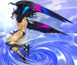  1boy battle_tendency black_hair boots flying headdress jojo_no_kimyou_na_bouken kars_(jojo) long_hair male_focus muscle solo sun touge_(kubiwa_tsuki) wings 