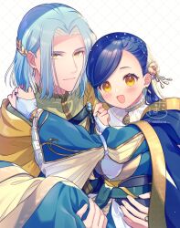  1boy 1girl artist_name blue_dress blue_hair blue_tunic braid bridal_gauntlets brooch cape carrying closed_mouth commentary dress earrings ferdinand_(honzuki_no_gekokujou) flower frilled_sleeves frills gloves hair_flower hair_ornament hetero honzuki_no_gekokujou jewelry light_frown long_dress long_hair looking_at_viewer myne_(honzuki_no_gekokujou) necklace open_mouth parted_bangs princess_carry ring rinndouk short_hair signature smile swept_bangs tunic twitter_username two-tone_dress two-tone_tunic white_gloves yellow_cape yellow_dress yellow_eyes yellow_tunic 