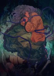  1girl abstract_background closed_eyes commentary_request curled_up dim_lighting disembodied_linked_eye fern floral_print frilled_shirt_collar frilled_sleeves frills green_skirt green_theme grey_hair heart heart_of_string highres komeiji_koishi long_hair long_sleeves nautilus_(animal) nme_0039 on_ground paper_texture rose_print skeleton skirt sleeping smile solo touhou wide_sleeves 