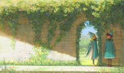  2girls ^_^ agott_arklaum_(tongari_boushi_no_atelier) aqua_hat aqua_robe arch artist_name black_hair brick_wall closed_eyes coco_(tongari_boushi_no_atelier) commentary curly_hair day dress green_eyes grin hat highres leaning_to_the_side long_sleeves looking_at_another looking_to_the_side medium_hair multiple_girls outdoors paladinsoda plant robe scenery shade short_hair smile standing tongari_boushi_no_atelier turning_head vines watermark white_dress wizard_hat 