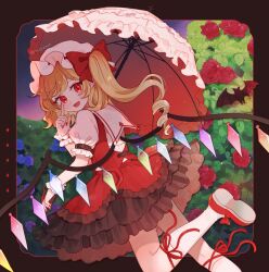  1girl :d album_cover bat_(animal) blonde_hair bow collared_shirt commentary_request cover crystal crystal_wings flandre_scarlet flower frilled_shirt_collar frilled_wrist_cuffs frills hat hat_bow highres holding holding_umbrella looking_at_viewer mob_cap mozukuzu_(manukedori) multicolored_wings one_side_up open_mouth parasol purple_flower purple_rose red_bow red_eyes red_flower red_rose red_skirt red_vest red_wrist_cuffs rose shirt skirt skirt_set smile solo touhou umbrella vest white_hat white_shirt wings wrist_cuffs 