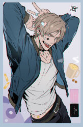  1boy :p alternate_costume arms_behind_head arms_up blonde_hair blue_eyes blue_jacket choker commentary cowboy_shot grin hands_up highres jacket leon_s._kennedy male_focus midriff_peek piercing resident_evil resident_evil_4 shirt short_hair smile tank_top teeth tongue tongue_out tongue_piercing umbrella_rpd untranslatable_commentary upper_teeth_only v white_shirt 