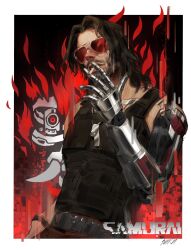  1boy arm_up beard belt belt_buckle black_belt black_pants black_tank_top border buckle cigarette commentary curtained_hair cyberpunk_(series) cyberpunk_2077 dog_tags dutch_angle english_commentary facial_hair highres holding holding_cigarette johnny_silverhand long_hair male_focus pants prosthesis prosthetic_arm red-tinted_eyewear sgkg108 smoking solo sunglasses tank_top tinted_eyewear white_border 