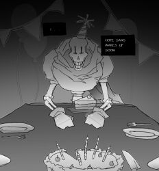  1boy 2026 2d armor balloon birthday_cake birthday_candle bugsoupart cake cake_slice candle comic commentary dialogue_box digital_media english_commentary english_text food fork gloves gradient_background grey_background greyscale hat highres humanoid male male_focus male_only monochrome monster monster_boy papyrus_(font) papyrus_(undertale) party_hat pennant plate print_armor scarf segmented_comic simple_background skeleton solo spine string_of_flags table teeth text undead undertale utdr_(toby_fox) video_game_dialogue_box 