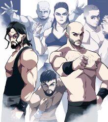  1girl 5boys all_elite_wrestling bald beard black_hair blue_eyes brown_hair cesaro chest_hair clenched_hand collarbone commentary daniel_garcia dean_ambrose english_commentary english_text facial_hair fog highres long_hair looking_at_viewer marina_shafir multiple_boys muscular muscular_female muscular_male norbertogaetan open_hands pac_(wrestler) red_eyes short_hair standing topless_male upper_body wheeler_yuta wrestler wrestling_outfit wristband 