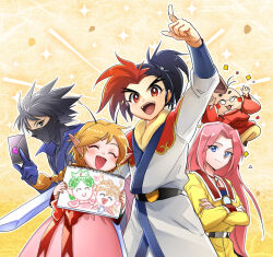  2girls 3boys ^_^ akamaru_(tengai_makyou) antennae arm_up ayasetaru belt between_fingers black_belt black_eyes black_hair black_hat blue_eyes blue_gloves blue_kimono braid brown_hair child's_drawing closed_eyes closed_mouth coat collar commentary_request confetti crayon_drawing crossed_arms curtained_hair drawing_(object) dress earrings fairy fairy_wings fur-trimmed_kimono fur_trim glasses gloves hand_up happy hat higan_(tengai_makyou) hisui_(tengai_makyou) holding holding_drawing holding_letter holding_sketchbook index_finger_raised japanese_clothes jewelry kimono letter long_hair mask mizuki_(tengai_makyou) mouth_mask multicolored_hair multicolored_kimono multiple_boys multiple_girls ninja_mask open_mouth pink_dress pink_hair pointy_ears ponytail red_hair red_kimono round_eyewear shiranui_(tengai_makyou) short_hair single_braid sketchbook smile sparkle spiked_collar spikes standing subaru_(tengai_makyou) tate_eboshi teeth tengai_makyou tengai_makyou_zero two-tone_hair upper_teeth_only white_kimono wings yellow_coat 