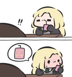  ! !! 1boy 1girl blush chibi drink_carton drinking_straw drinking_straw_in_mouth english_text harry_potter harry_potter_(series) highres holding holding_drink_carton holding_juice_box juice_box malfoid superappleman surprised sweatdrop wizarding_world 
