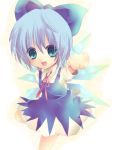  1girl blue_eyes blue_hair bow child cirno clenched_hand dress hair_bow leg_up lowres pochi-t pochi_t ribbon short_hair solo touhou wings 