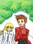  blonde_hair brown_eyes brown_hair buttons colette_brunel lloyd_irving long_hair open_mouth short_hair tales_of_symphonia 