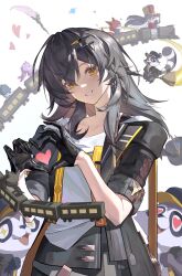  1girl animalization astral_express_(honkai:_star_rail) black_gloves black_jacket black_skirt bra_strap broom broom_riding commentary_request cowboy_shot dan_heng_(honkai:_star_rail) dan_heng_(woof_woof_dan)_(honkai:_star_rail) earrings four-finger_heart_hands gloves grey_hair grin hair_ornament hairclip heart heart_hands highres himeko_(himekat)_(honkai:_star_rail) himeko_(honkai:_star_rail) honkai:_star_rail honkai_(series) jacket jewelry long_hair looking_at_viewer march_7th_(honkai:_star_rail) march_7th_(march_bunny)_(honkai:_star_rail) parallel_hairclips person_and_animalization pom-pom_(honkai:_star_rail) qian_qian_qian quill shirt short_sleeves simple_background skirt smile solo stelle_(honkai:_star_rail) trailblazer's_hat_(honkai:_star_rail) trailblazer_(baseball_raccoon)_(honkai:_star_rail) trailblazer_(honkai:_star_rail) train white_background white_shirt yellow_eyes 