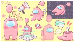 ... 2020 2d among_us artist_name balloon bone card crewmate_(among_us) digital_media flower_(symbol) flying_sweatdrops full_body ghost megaphone muigee multiple_views notice_lines running simple_background spoken_ellipsis standing watermark yellow_background 