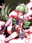  antenna bare_shoulders boots dark_persona dress glowing glowing_eyes green_hair hair_over_one_eye kumadano lying on_back princess_wriggle red_eyes short_hair smile striped striped_legwear striped_thighhighs thigh-highs thighhighs touhou wriggle_nightbug wrist_cuffs 