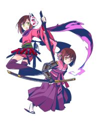  2girls armor brown_hair bushidou_(sekaiju) bushidou_4_(sekaiju) commentary_request flower fox_mask full_body green_eyes hair_flower hair_ornament hakama hakama_skirt hinaki_yuzu holding holding_sword holding_weapon japanese_armor japanese_clothes katana kimono kote looking_at_viewer mask mask_on_head multiple_girls pink_flower pink_kimono purple_hakama purple_scarf sandals scarf sekaiju_no_meikyuu sekaiju_no_meikyuu_1 sekaiju_no_meikyuu_3 sheath sheathed shinobi_(sekaiju) shinobi_4_(sekaiju) short_hair simple_background skirt sword tabi weapon white_background zouri 
