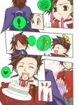   ! birthday brown_eyes brown_hair cake candle comic closed_eyes father_and_son kratos_aurion lloyd_irving male short_hair smile strawberry sweatdrop tales_of_symphonia  