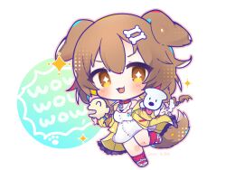  +_+ 1girl :3 :d animal_ears blue_shoes blush bone_hair_ornament braid brown_hair chibi chibi_only collar commentary_request dog_ears dog_girl dog_tail double-parted_bangs dress fang full_body hair_between_eyes hair_ornament hololive inugami_korone jacket kashiwase_karune kneehighs listener_(inugami_korone) long_hair long_sleeves looking_at_viewer open_clothes open_jacket open_mouth outline pink_outline red_collar red_socks shoes simple_background smile socks solo sparkle standing standing_on_one_leg tail twin_braids virtual_youtuber white_dress yellow_background yellow_eyes yellow_jacket 