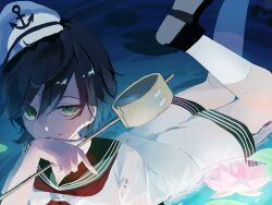  1girl anchor_symbol black_hair black_shoes collared_shirt commentary_request flower green_eyes hat highres hishaku holding holding_ladle ladle legs_up looking_at_viewer lotus lying neckerchief on_stomach red_neckerchief shirt shoes short_hair shorts socks solo suisannkasuiso touhou water white_hat white_shirt white_shorts white_socks 