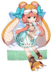  1girl :q animal_hood bear_alma bear_girl boots bow bow_flower candy commentary_request dress emil_chronicle_online food frilled_dress frilled_jacket frills green_bow green_eyes green_jacket hat hat_bow highres holding holding_candy holding_food holding_lollipop holding_stuffed_toy hood jacket jacket_bow lollipop long_sidelocks looking_at_viewer low-tied_sidelocks orange_boots os_(os_fresa) pink_hair ribbon-trimmed_dress ribbon-trimmed_jacket ribbon_trim sidelocks solo stuffed_toy tongue tongue_out white_dress 