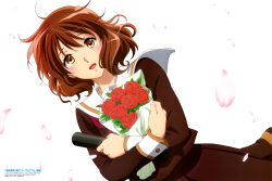 1girl :d absurdres anime_coloring artist_name blush bouquet brown_eyes brown_hair brown_serafuku copyright_name copyright_notice diploma_tube dutch_angle falling_petals floating_hair hane_kunihiro happy hibike!_euphonium highres holding holding_bouquet kitauji_high_school_uniform long_sleeves looking_at_viewer magazine_scan medium_hair newtype official_art open_mouth oumae_kumiko petals pink_petals sailor_collar scan school_uniform serafuku simple_background smile solo tearing_up third-party_source upper_body white_background white_sailor_collar winter_uniform 