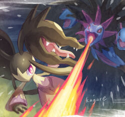  1girl big_hair black_hair black_sclera black_skin blue_background breath_weapon breathing_fire bright_pupils colored_sclera colored_skin commentary_request dragon extra_mouth fangs fire full_body highres hydreigon kagure_(karaguren) long_hair looking_at_another mawile mega_mawile mega_pokemon multicolored_skin multiple_heads open_mouth pink_eyes pokemon pokemon_(creature) pokemon_focus purple_skin sharp_teeth sidelocks simple_background standing teeth white_pupils yellow_skin 