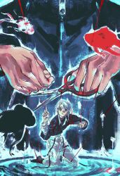  2boys absurdres black_boots black_coat black_sweater blue_eyes boots coat collared_shirt commentary cutting fish full_body goldfish hair_tie hands_up head_out_of_frame highres holding holding_scissors kagurabachi kneeling_on_liquid leaning_forward ling_910210 looking_ahead male_focus mini_person miniboy multiple_boys open_clothes open_coat pants parted_lips puppet_strings ripples rokuhira_chihiro sazanami_hakuri scissors shirt short_hair sweater telescope_goldfish turtleneck turtleneck_sweater untranslatable_commentary upper_body white_hair white_pants white_shirt zipper zipper_pull_tab 