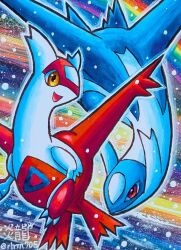 :d abstract_background bilingual_commentary commentary_request dragon dragon_wings enryuu_(pixiv3483358) highres latias latios mixed-language_commentary no_humans open_mouth pokemon pokemon_(creature) rainbow red_eyes signature smile twitter_username wings yellow_eyes 