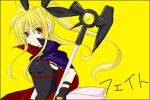  blonde_hair fate_testarossa female mahou_shoujo_lyrical_nanoha red_eyes simple_background solo staff twintails 