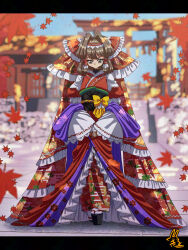  1girl alternate_costume autumn_leaves black_sandals black_sash blue_sky bow brown_eyes brown_hair commentary_request day egasumi falling_leaves fishnet_gloves fishnets frilled_bow frilled_hair_tubes frills gloves hair_bow hair_tubes hakurei_reimu highres huge_bow japanese_clothes kimono lace-trimmed_sleeves lace_trim leaf leaf_print letterboxed long_hair long_sleeves looking_at_viewer maple_leaf maple_leaf_print obi obijime outdoors platform_sandals print_kimono red_bow red_kimono sandals sash sky solo torii touhou utyouten_akako wide_sleeves 