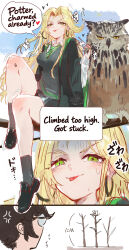  1boy 1girl absurdres anger_vein bird black_robe black_shoes black_skirt black_socks blonde_hair blush branch cardigan commentary_request daible earrings embarrassed english_text eyelashes genderswap genderswap_(mtf) green_eyes green_hood green_necktie harry_potter harry_potter_(series) heart highres hogwarts_school_uniform hood hood_down hoop_earrings in_tree jewelry long_hair looking_at_viewer malfoid miniskirt necktie open_mouth owl pleated_skirt robe school_uniform shirt shoes sitting sitting_in_tree skirt slytherin socks speech_bubble striped_clothes striped_necktie talking thighs tongue tongue_out tree white_shirt wide_sleeves wizarding_world 
