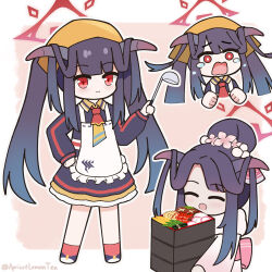  1girl :d ^_^ apricotlemontea apron black_hair black_shirt black_shoes black_skirt blue_archive border brown_background closed_eyes closed_mouth collared_shirt commentary_request flower frilled_apron frills fuuka_(blue_archive) fuuka_(new_year)_(blue_archive) hair_bun hair_flower hair_ornament halo headscarf holding horns japanese_clothes juubako kimono ladle long_hair long_sleeves multiple_views osechi pink_flower pink_kimono puffy_long_sleeves puffy_sleeves red_eyes red_socks shirt shoes skirt smile socks tears twintails very_long_hair wavy_mouth white_apron white_border 