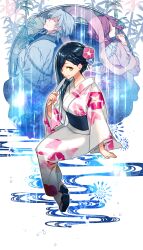  1boy 2girls absurdres bamboo blue_hair braid braided_bangs chain closed_eyes closed_mouth commentary_request ewigeliebe_(honzuki_no_gekokujou) flower geduldh_(honzuki_no_gekokujou) hair_flower hair_ornament hair_over_shoulder highres holding holding_stick honzuki_no_gekokujou husband_and_wife invisible_chair japanese_clothes keiko_(x_h2o) kimono long_hair long_sleeves looking_at_viewer multiple_girls myne_(honzuki_no_gekokujou) obi own_hands_together print_kimono purple_hair sandals sash sitting smile solo_focus stick tabi white_kimono wide_sleeves yellow_eyes 