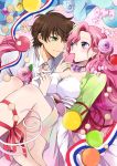  1girl breasts brown_hair candy choker cleavage code_geass couple dress euphemia_li_britannia flower formal gloves green_eyes hand_holding heart holding_hands kurimomo kururugi_suzaku long_hair macaron necktie pastry pink_hair purple_eyes ribbon short_hair suit violet_eyes white_gloves 