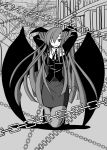  arms_up artist_request bat_wings blouse book breasts chain chains head_wings highres kneeling koakuma large_breasts long_hair monochrome nagi_(pixiv119941) no_nose pantyhose skirt smile touhou very_long_hair wings wink 