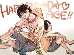  1boy ^_^ age_progression arm_tattoo black_shorts child closed_eyes commentary_request elbow_pads freckles happy_birthday hat heart highres jewelry mizuki7810 necklace one_piece orange_hat pearl_necklace portgas_d._ace pouch profile shorts single_elbow_pad sitting smile tattoo thigh_pouch topless_male 